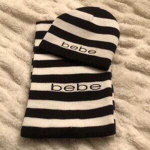 Bebe Striped Black and White Scarf & Beanie Set NWOT